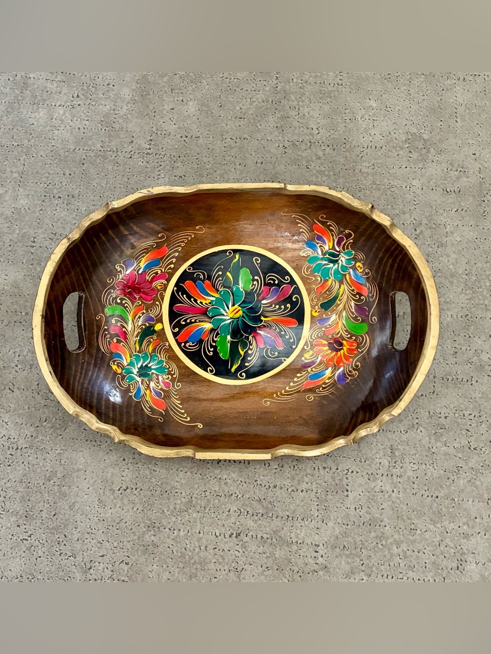 Vintage Mexican Wood Batea Tray-Hand Painted Floral Folk Art Platter